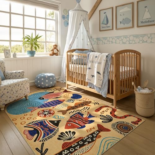 jinchan 5x7 Coastal Area Rug Washable Kids Rug Colorful Ocean Fish Mat, Tan - Image 2