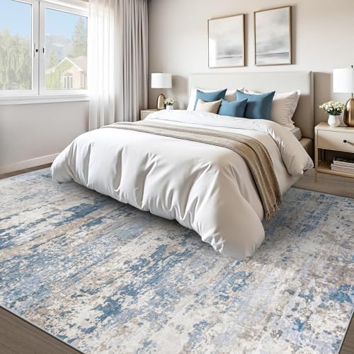 pmtsns Area Rugs 10x14 Living Room: Washable Rug Modern Abstract Neutral Soft Non-Slip Low-Pile Indoor Large Carpet for Bedroom Dining Room Playroom Home Office (Light Blue Brown, 10'x14') - Image 2