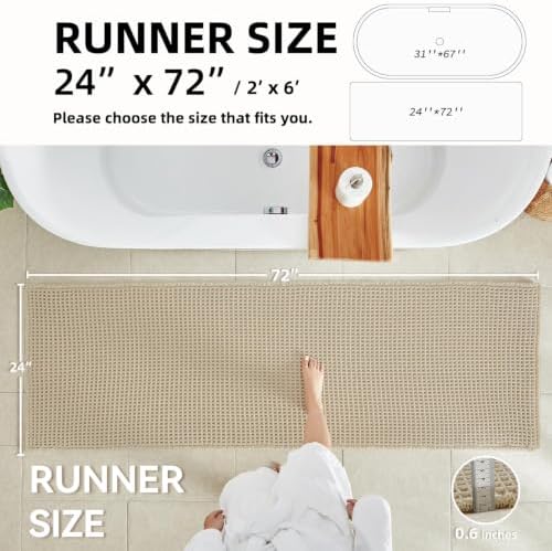 TYUU Waffle Runner Rug Bathroom, Long Boho Bath Mat, 72x24 Pale Beige - Image 2