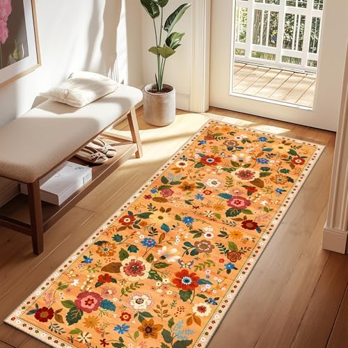 Floral Washable 2x6 Area Rugs Runner Entryway Hallway Orange/Yellow/Red by RELEANY