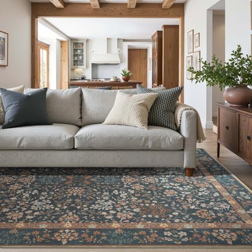 jinchan 8x10 Washable Living Room Area Rug, Vintage Floral, Dark Blue by JINCHAN