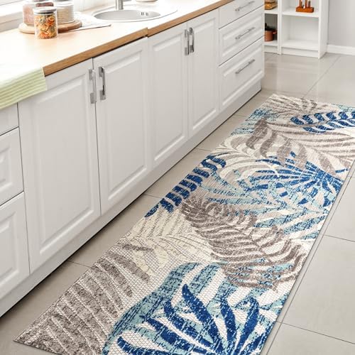 JONATHAN Y Tropics Palm Leaves Indoor Outdoor Runner Rug 2X10 Gray/Blue by JONATHANY