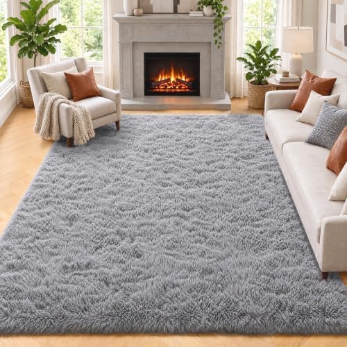 ONASAR Grey Area Rugs 9x12 Living Room, Gray Large Fluffy Shag Bedroom Rug, Soft Plush Thick Shaggy Big Floor Carpet for Kids Boy and Girls Teen Dorm Nursery Indoor Home Decor Aesthetic by ONASAR