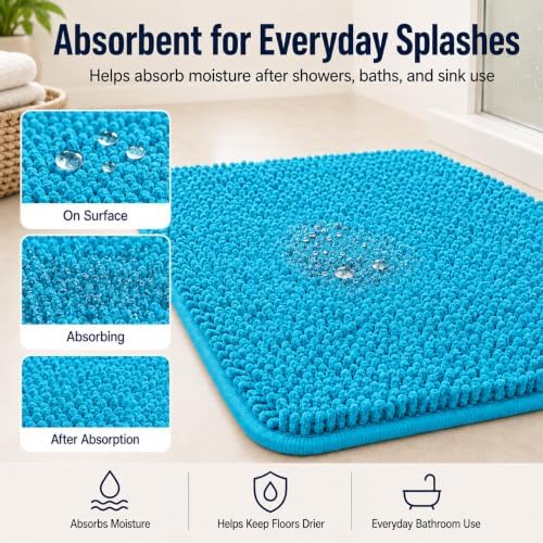 Teal Blue Bathroom Rugs Bath Mats for Bathroom Chenillen Bath Rug Set 2 Piece Non-Slip Bath Mats, Absorbent Shaggy Rugs, Machine Wash, Perfect Plush Bathroom Mats, Batroom Carpets Set - Image 6