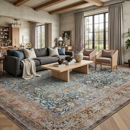 8x10 Area Rugs for Living Room - Washable Vintage Retro Large Rug, Soft Ultra Thin Non Slip Low Pile Distressed Boho Traditional Carpet for Bedroom Dining Room Home Office, Rust Clay - Image 3