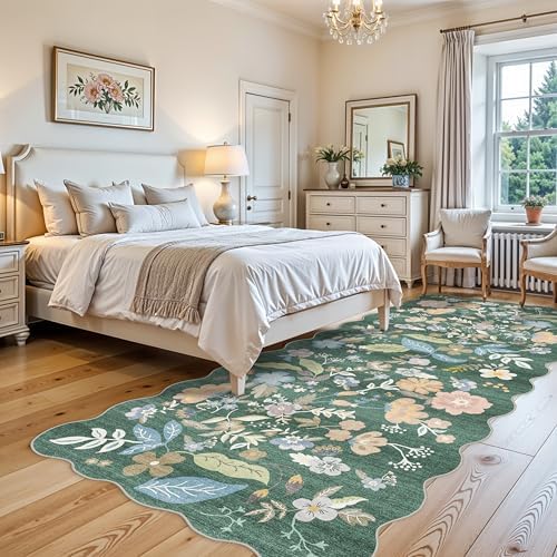 4x10 Washable Runner Rug for Hallway: Scalloped Floral Kitchen Rugs Green - Image 3