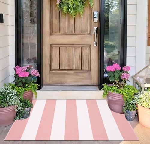 Pink and White Front Door Mat Outdoor 2'x3'Washable Layered Doormat by BUAGETUP