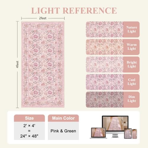 DUKINO 2x4 Rug, Washable Vintage Floral Entryway Rug Non Slip, Pink - Image 2