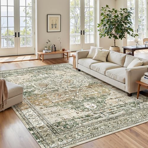 Soalmost 5x7 Area Rug Low Pile Washable Trendy Faded Style Rug, Olive Beige - Image 2