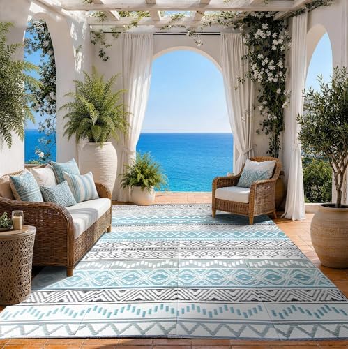 Outdoor Rug 6 x9 ft, Plastic Rug for Patio, Blue & Grey - Image 5