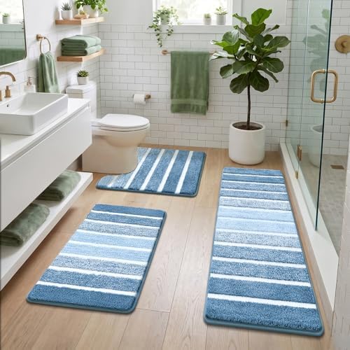 Yamaziot Blue Bathroom Rugs Set 3 Piece Washable Non Slip Striped Mat - Image 7