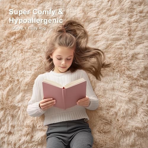 OLANLY 9x9 Machine Washable Large Area Rugs for Living Room, Bedroom, Soft Fluffy Shaggy Bedside Rug, Indoor Floor Carpet for Kids Girls and Boys, Dorms, Nursery, Home Decor Aesthetic, Beige - Image 6