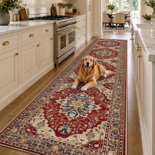 RELEANY Washable Area Rug, Runner 2'6"x12', Red/Blue by RELEANY