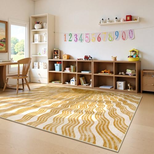 Hedlive Boho Machine Washable Rug 6x9, Sun Print Soft 6x9 Nursery Rug for Bedroom Classroom, Ultra-Thin Non Slip Kids Large Carpet for Living Room Playroom Office(6'x9',Gold/Multi) - Image 3