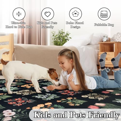 Wonnitar Floral Print Rug for Living Room, Black Washable 5x7 Area Rugs, Ultra-Thin Non Slip Stain Resistant Bedroom Carpet for Dining Room Playroom Office Dorm, Black/Multi - Image 6