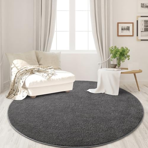 FlyDOIT Round Area Rugs for Bedroom Living Room, 5x5 Dark Grey Super Soft Comfy Thickened Memory-Foam Indoor Circle Carpet, Modern Aesthetic Minimalist Carpet for Boys Girls Adults Nursery Home Décor - Image 2