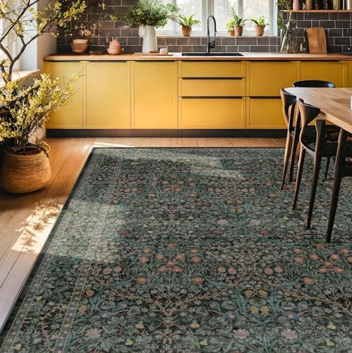 Vintage Dark Green Living Room Rug, 7x10 Washable Area Rugs for Dining Room Under Table, Bedroom, Oriental Low Pile Stain Resistant Non-Slip Thin Soft Carpet - Image 3