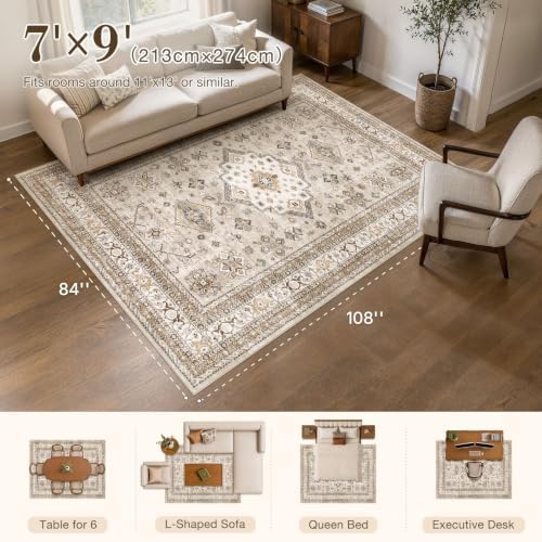 cotiled 7x9 Area Rug for Living Room, Washable, Traditional, Beige - Image 2