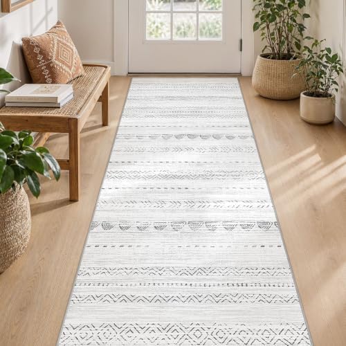 Nakagishi Runner Rug Kitchen Washable Rugs: 3x8 Non-Slip Boho Soft Modern Stain Resistant Indoor Floor Neutral Farmhouse Throw Carpet for Hallway Bathroom Laundry Room Entryway Bedroom- Grey - Image 3