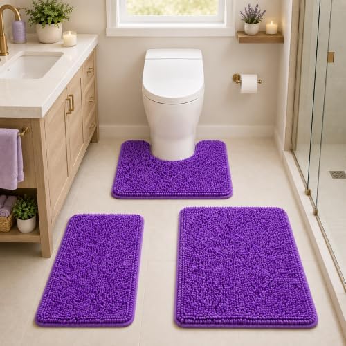 RUN HELIX Purple Bathroom Rugs Sets 3 Piece Non Slip Extra Absorbent Shaggy Chenille Bathroom Rugs and Mats Sets, Soft & Dry Bath Rug/Mat Set for Bathoom Mats by RUNHELIX