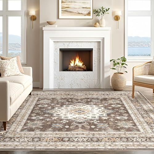 cotiled 9x9 Area Rug for Living Room, Washable, Traditional, Dark Brown - Image 5