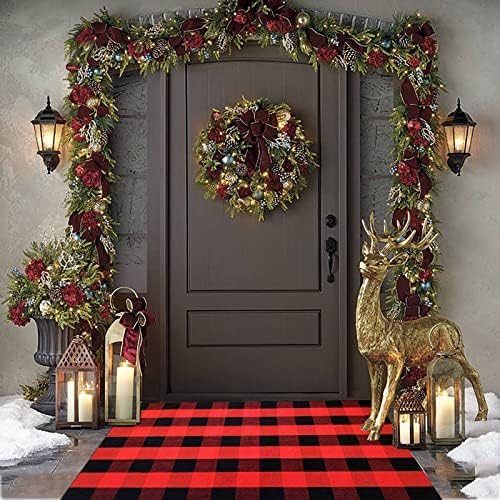 Red and Black Plaid Rug, 3'x5' Check Outdoor Front Door Decorative Mat, Cotton Woven Rug for Layered Door Mats Washable Carpet for Porch, Entryway, Farmhouse, Christmas, Halloween - Image 4