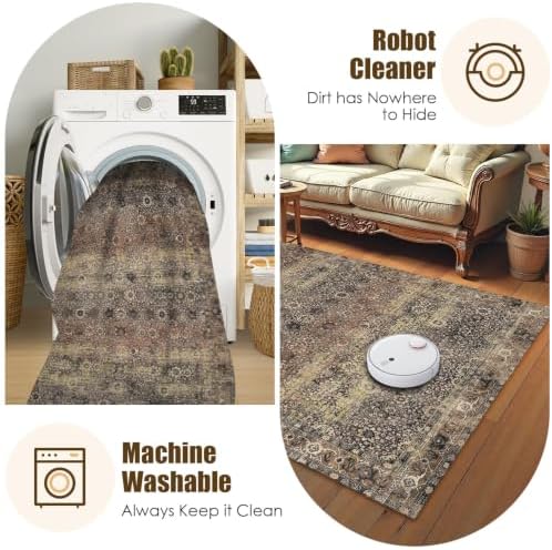 Washable Area Rug 5' x 7' Vintage Traditional Persian Mat - Foldable Distressed Non-Slip Machine Washable Carpet for Living Room Bedroom Kitchen Home Decor - Umber and Slate - Image 7