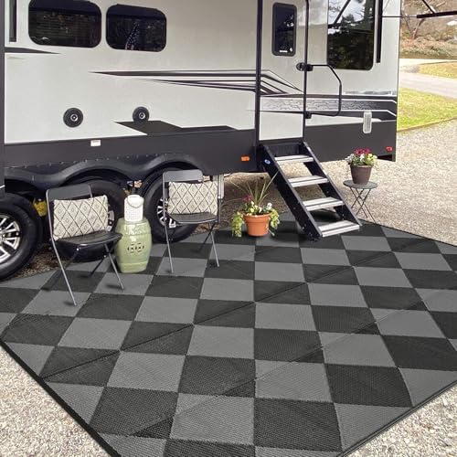 GAOMON Outdoor Rug 8x10 Area Rugs for Patio Waterproof Plastic Straw Rug Reversible Patio Rugs RV Camping Outdoor Carpet for Porch Patio Outside RV Deck Balcony Picnic Beach Decor Trellis-Black/Grey - Image 2