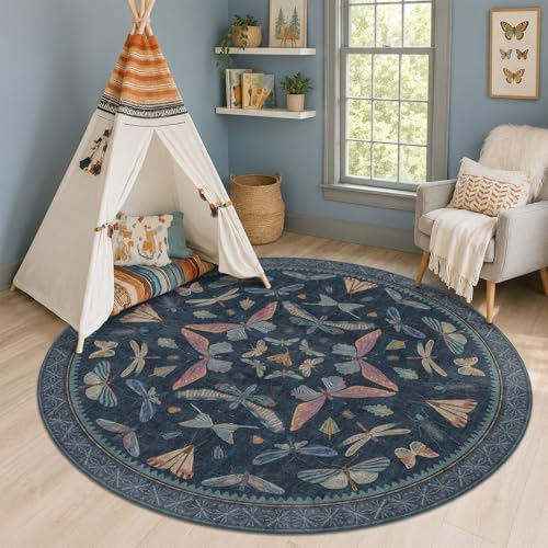 Dark Blue Vintage Playroom Round Rug 6ft, Washable Soft Area Rug for Entryway, Living Room & Kitchen, Stain Resistant Boho Insect Print Carpet by HazoHaus