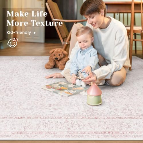 6x9 Area Rugs for Living Room: Washable Vintage Floral Rug Low Pile Non-Slip Boho Carpet for Nursery Bedroom Dining Room (Pink, 6'x9') - Image 3