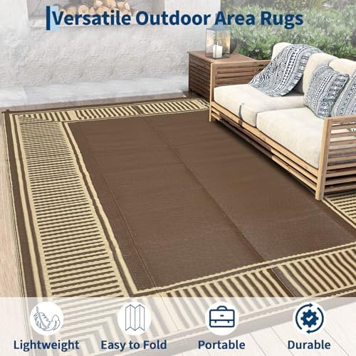 GAOMON Large Outdoor Camping Rug 9x18 Modern Bordered Reversible Outdoor Carpet Foldable Retro Plastic Straw Rug Portable Outside Patio Rugs Floor Mat for Porch, Beach, Balcony, Backyard,Border-Brown - Image 4