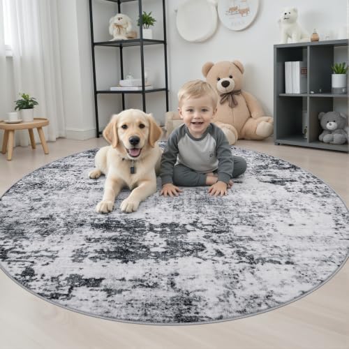 Round Area Rug Living Room: 4 ft Modern Washable Carpet Grey - Image 3