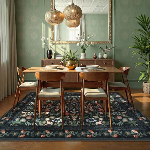 Lahome Black Floral Washable Area Rug 9x12, Extra Large Botanical Carpet - Image 6