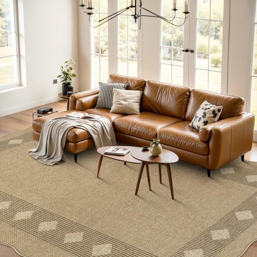 LIVEBOX Scalloped Easy Jute Diamond Outdoor Rug Living Room, Washable 8x10 Farmhouse Tan Rug for Bedroom, Geometric Checkered Indoor Outdoor Rugs Dining Room Mat Carpet Area Rug for Patio Home Office - Image 2