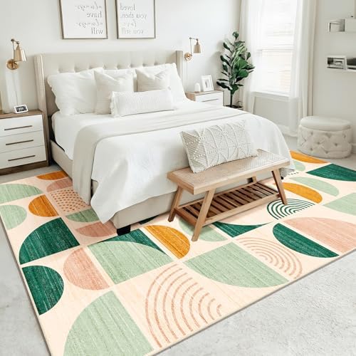 MUJOO Green Washable Rugs 9x12,Boho Area Rugs Non Slip Modern Abstract - Image 3