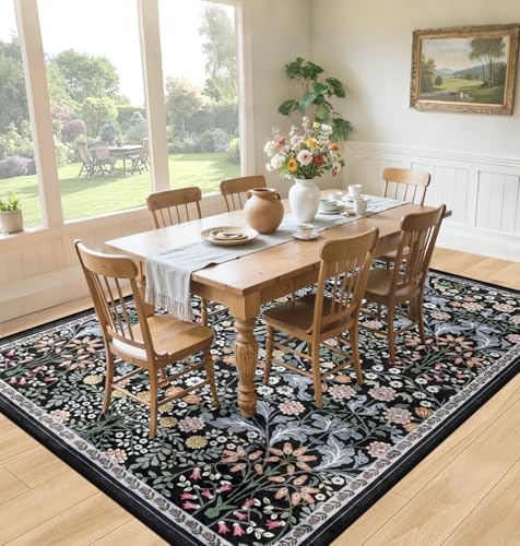 PLHXFR Area Rug 10x12 Living Room: Floral Washable Boho Carpet Dark Black - Image 4
