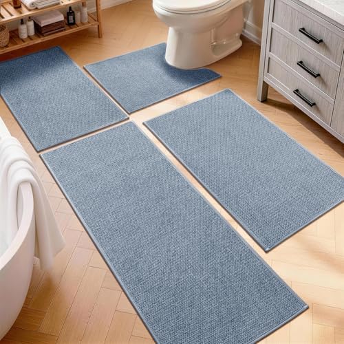 YIHOUSE Navy Blue Bathroom Rugs Sets 4 Piece, Quick Dry Thin Bath Mat with Toilet Rug, Non Slip Absorbent Machine Washable, Bath Runner Rugs for Bathtub Sink Home Decor by YIHOUSE