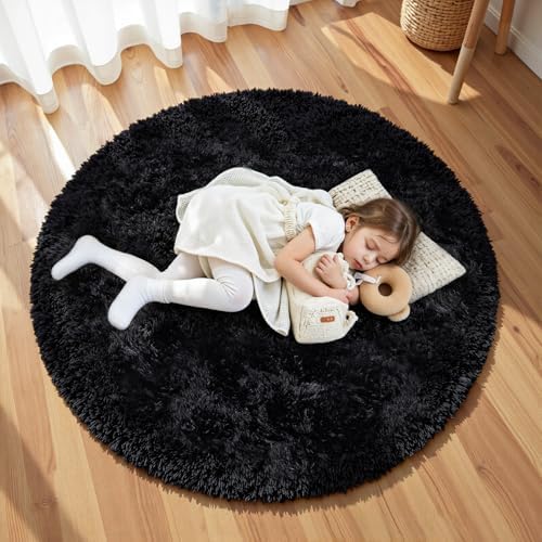 Black Round Fluffy Rug 6ft Plush Fuzzy Shaggy Carpet - Image 3