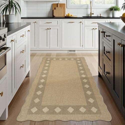 LIVEBOX Scalloped Easy Jute Diamond 3x5 Outdoor Rug, Washable Non-Slip Tan Rugs for Entryway, Geometric Checkered Indoor Outdoor Rug Farmhouse Carpet Door Mat for Patio Porch Bedroom Living Room - Image 2