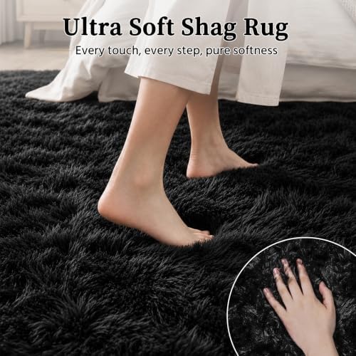 TENGTENGLINK 6ft Round Shag Area Rug Living Room Bedroom Washable Black - Image 4