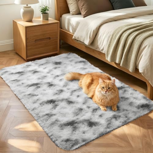 2x3 Tie-Dyed Grey and White Fluffy Area Rug Non-Slip for Entryway Bedroom by ModernHomeDecor