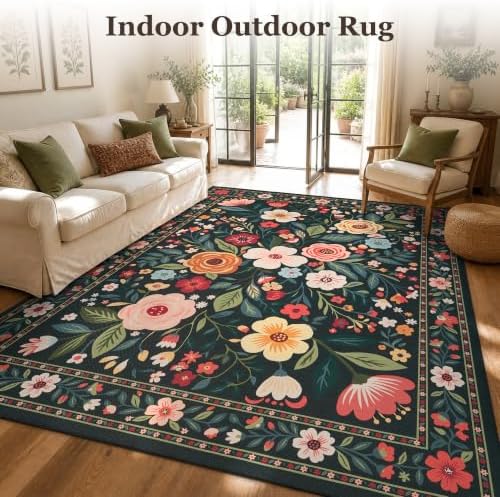 PADOOR Outdoor Rug 8x10 ft, Floral Washable Indoor Outdoor Area Rug, Flat‑Woven with Quick Dry Patio Carpet, Fade & Shed Resistant, Non‑Slip for Patio Deck Backyard Porch Living Room, Charcoal Grey - Image 5