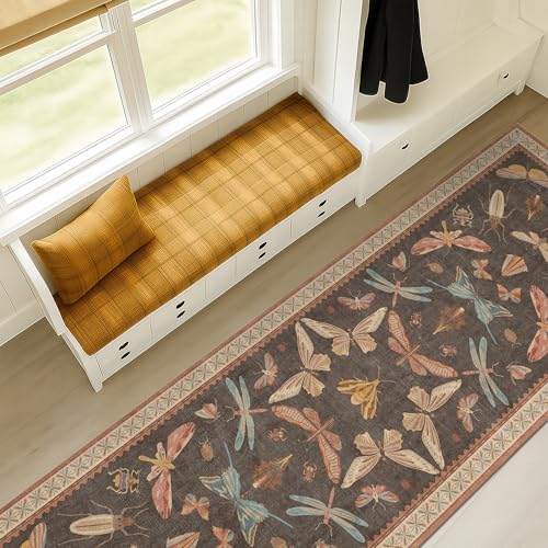 Hazo Haus 2'6"x8' 8ft Long Hallway Runner Rug, Stain Resistant Non-Slip Kitchen Floor Mats, Boho Front Door Rug Indoor Entrance, Whimsical Insect Moth Décor, Low Pile & Soft (Orange and Brown) - Image 6