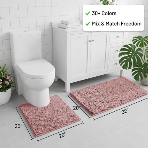 Bathroom Rugs Sets 2 Piece,Super Absorbent Chenille Bath Mats and U-Shaped Toilet Rug,Strong PVC Non Slip Backing,Microfiber Washable Dry Quickly Bath Mats for Bathroom(20"x32"+20"x20"U, Dusty Rose) - Image 2