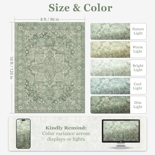 8x10 Sage Green Rugs for Living Room, Modern Vintage Medallion Washable Large Rug for Playroom Bedroom, Cozy Cottagecore Low Pile Thin Soft Carpet Rugs for Dining Room Soft Green - Image 2