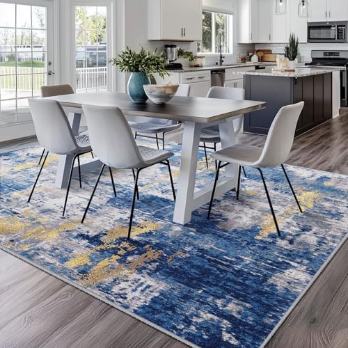 RELEANY Washable 10'x14' Abstract Area Rug for Living Room Blue Gold - Image 3