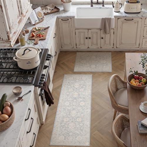 2 Piece Blue Cream Neutral Floral Kitchen Rug Set by WondRg