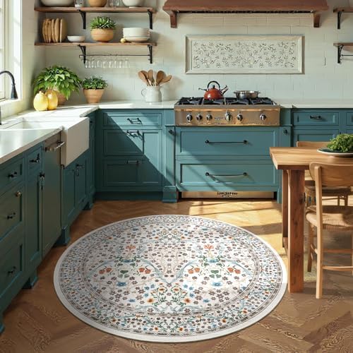 GarveeHome Beige Ivory Floral 4 ft Round Rug Washable Non-Slip Soft Low Pile Small Circle Carpet Vintage Rugs for Kitchen Bedroom Nursery Dining Living Room - Image 3