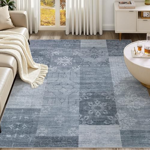 UERMEI 5x7 Area Rug for Living Room - Washable Vintage Carpet, Non-Slip Soft Large Indoor Floor Rugs for Bedroom Home Office & Under Dining Table Decor, Blue Block by UERMEI