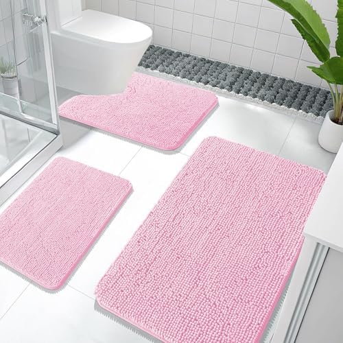 OLANLY Chenille Bathroom Rugs Sets 3 Piece, 36"x24"+24"x16"+24"x20", Pink by OLANLY